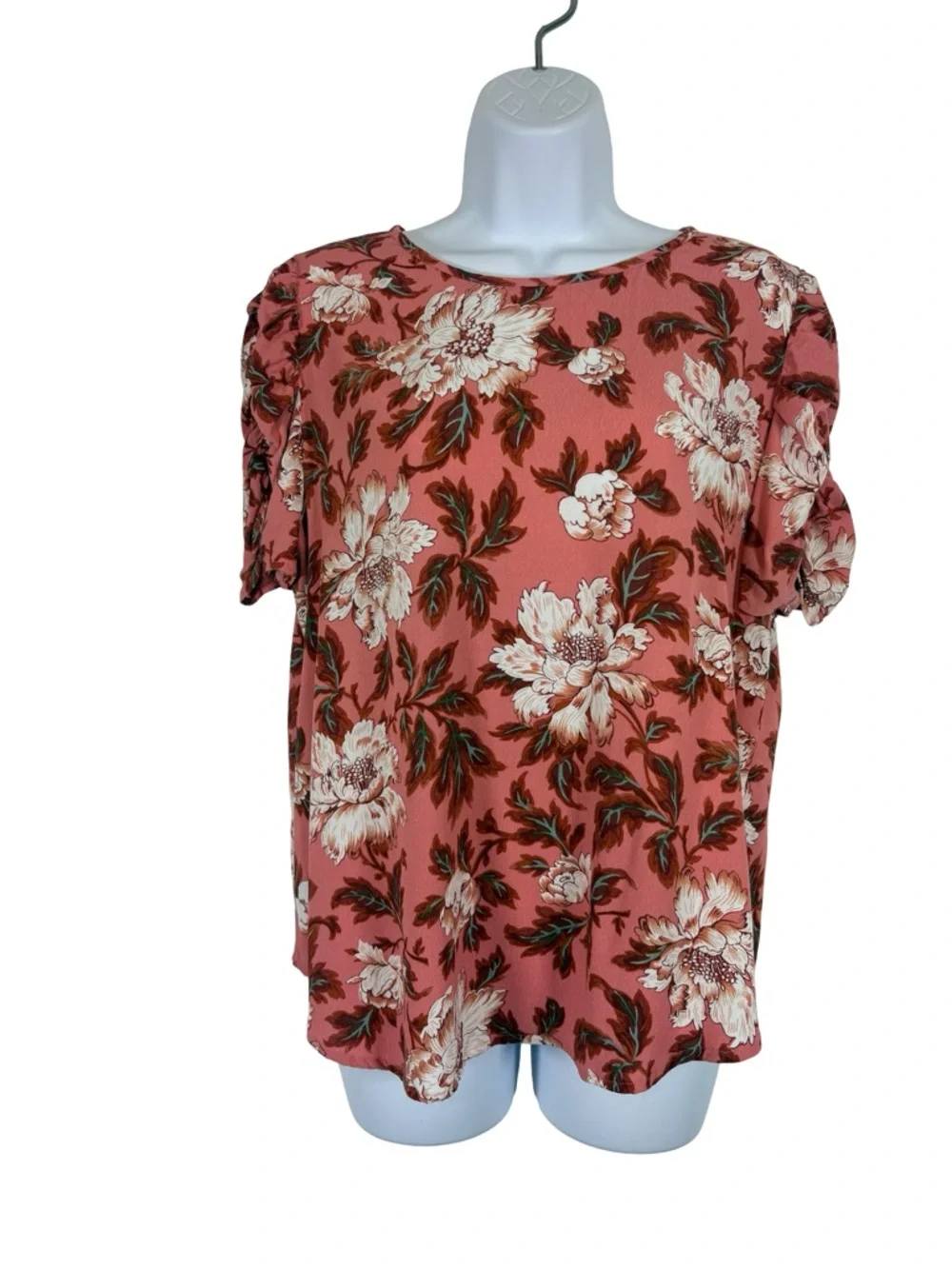 LOFT Floral Blouse Medium Pink Puff Sleeve Boho Cottagecore Top
